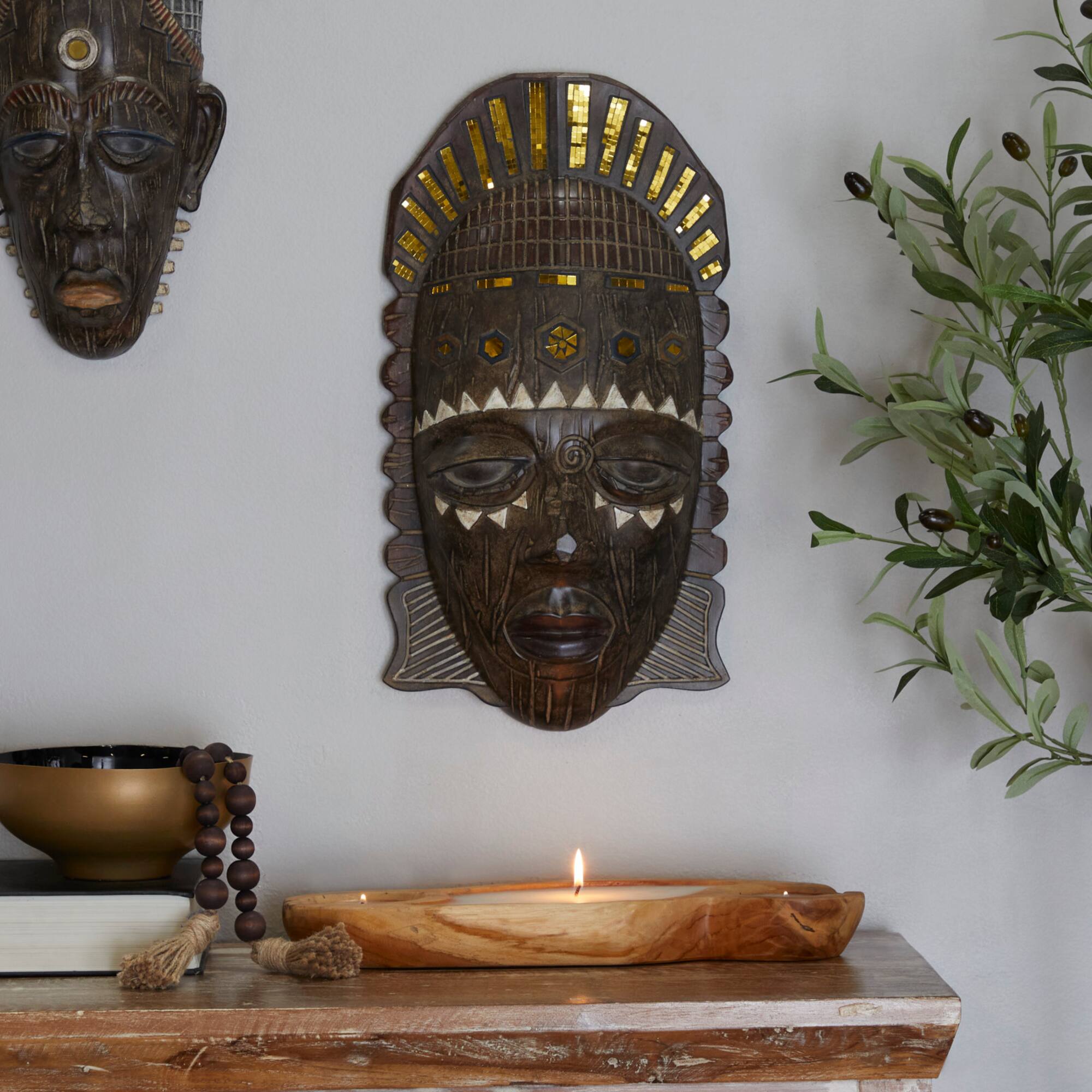 Brown Polystone Primitive African Mask Sculpture 11" x 20" x 6"